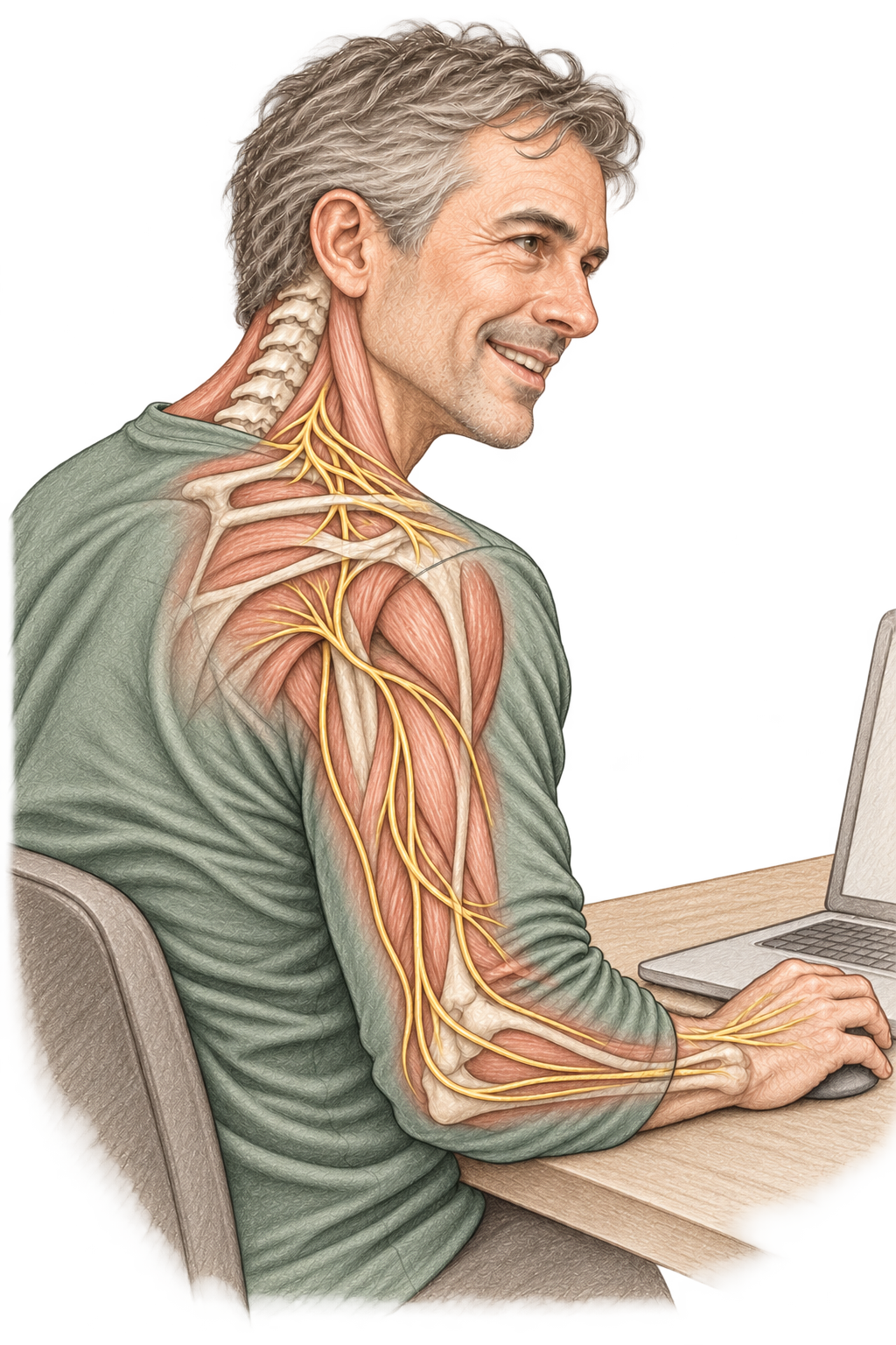 Mann am Schreibtisch mit vereinfachter Anatomie von Halsregion, Schulter und Armnerven.