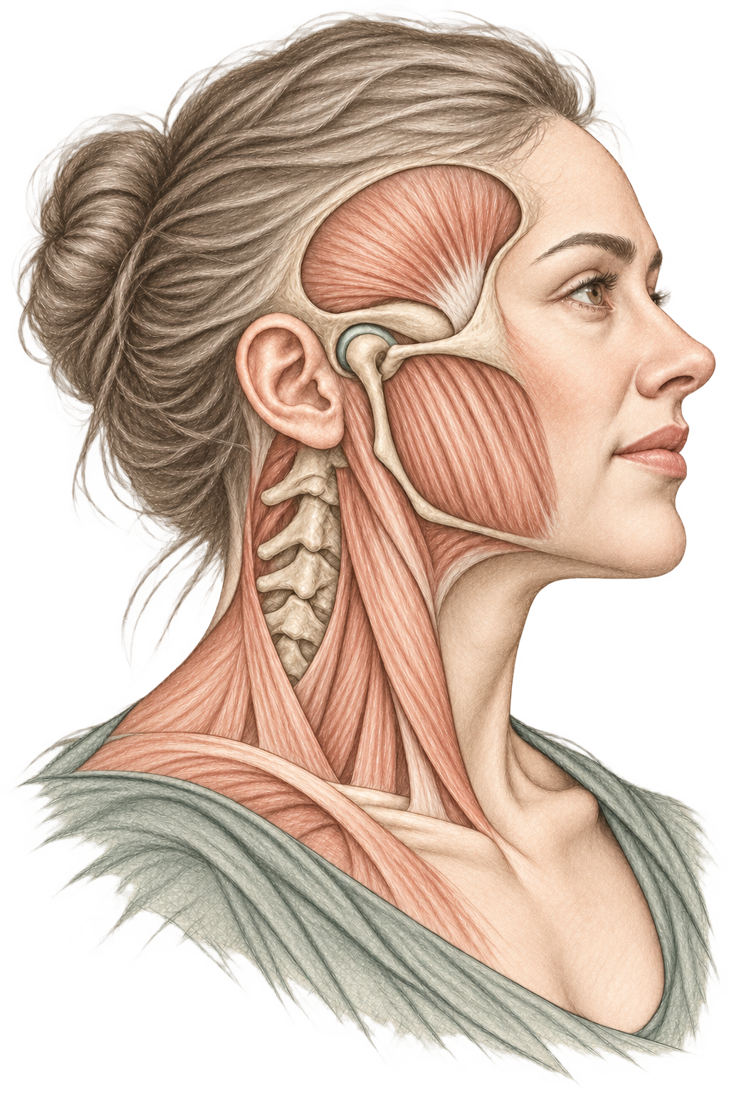 Feine Anatomiezeichnung der Kaumuskeln und Halsregion.